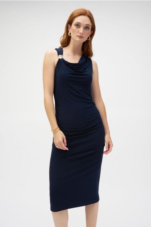 Joseph Ribkoff Midnight Blue Sheath Dress With Draped Neckline Style 252188