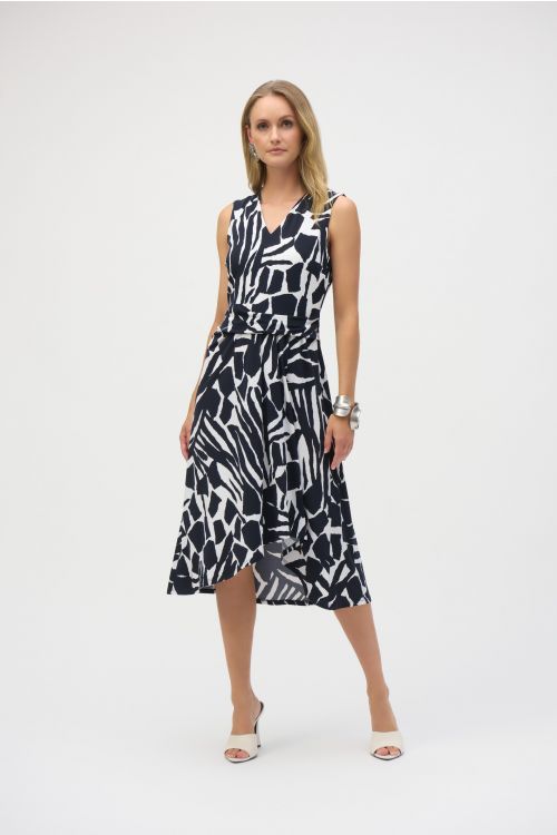 Joseph Ribkoff Vanilla/Midnight Blue Silky Knit Abstract Print Fit and Flare Dress Style 252199.