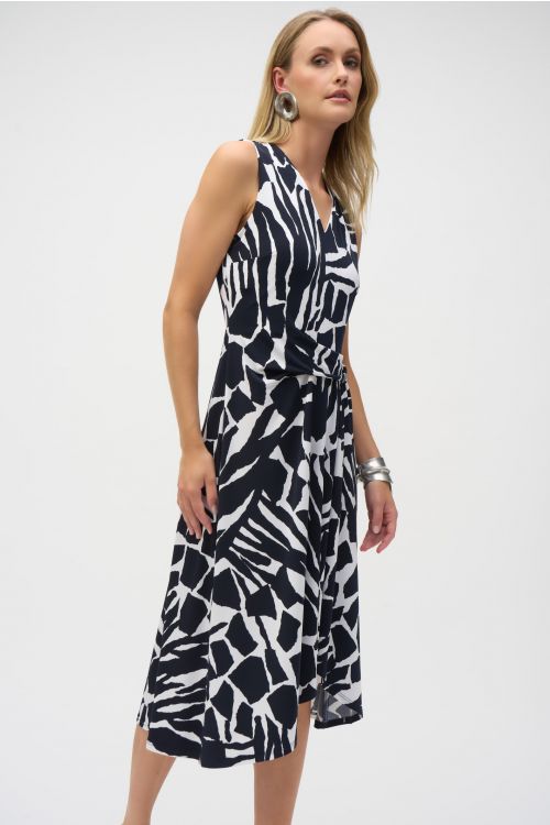 Joseph Ribkoff Vanilla/Midnight Blue Silky Knit Abstract Print Fit and Flare Dress Style 252199.