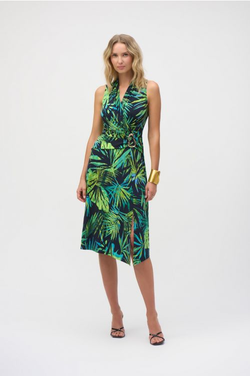 Joseph Ribkoff Midnight Blue/Multi Silky Knit Tropical Print Fit and Flare Dress Style 252203.