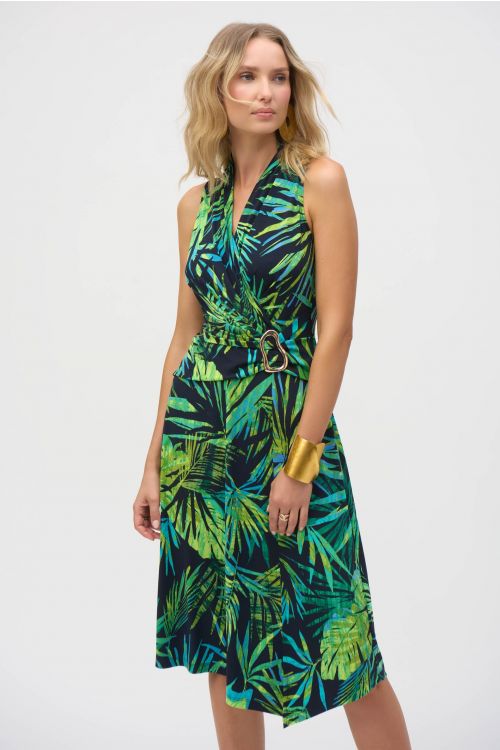 Joseph Ribkoff Midnight Blue/Multi Silky Knit Tropical Print Fit and Flare Dress Style 252203.