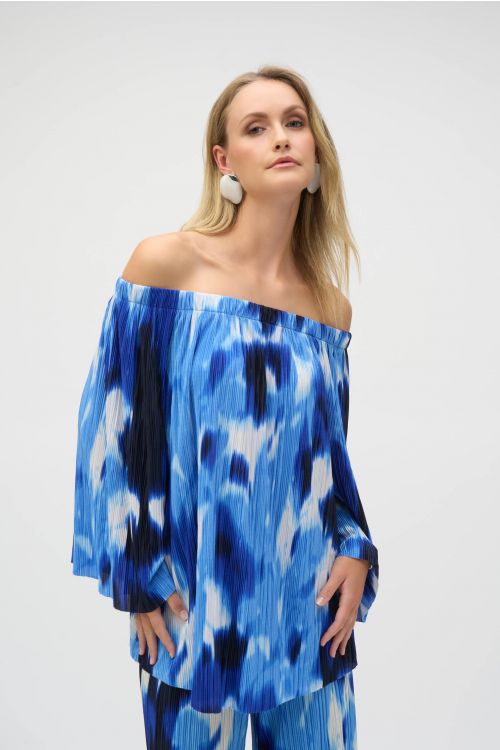 Joseph Ribkoff Blue/Vanilla Pleated Novelty Tropical Print Off-Shoulder Top Style 252227.