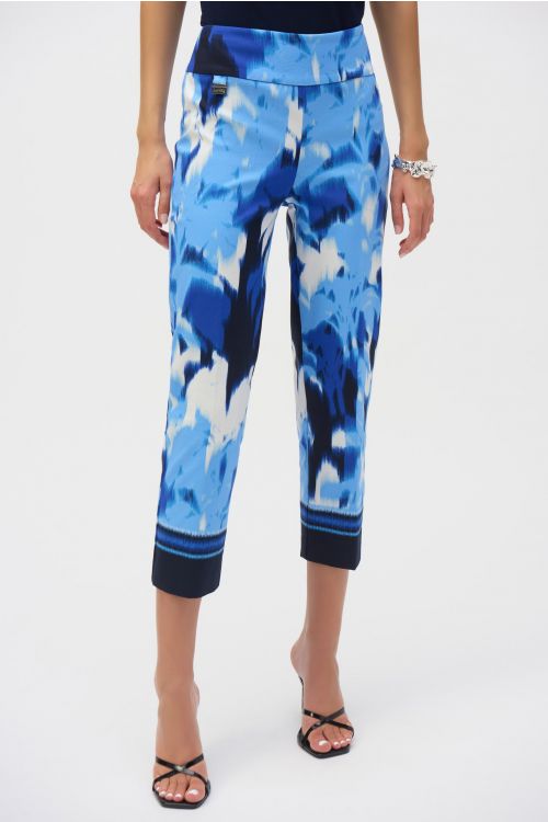 Joseph Ribkoff Blue/Vanilla Millennium Tropical Print Cropped Pull-On Pants Style 252229.