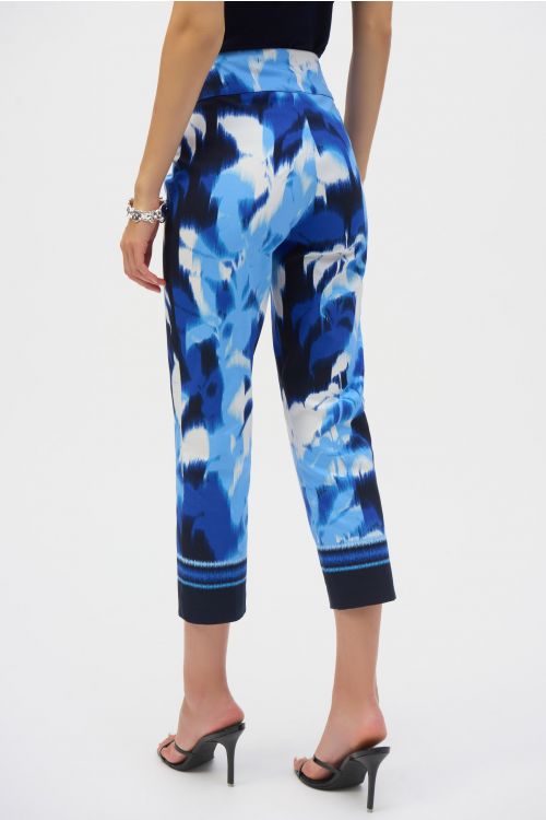 Joseph Ribkoff Blue/Vanilla Millennium Tropical Print Cropped Pull-On Pants Style 252229.