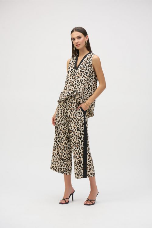 Joseph Ribkoff Beige/Black Woven Animal Print Culotte Pants Style 252235.