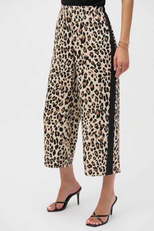 Joseph Ribkoff Beige/Black Woven Animal Print Culotte Pants Style 252235.