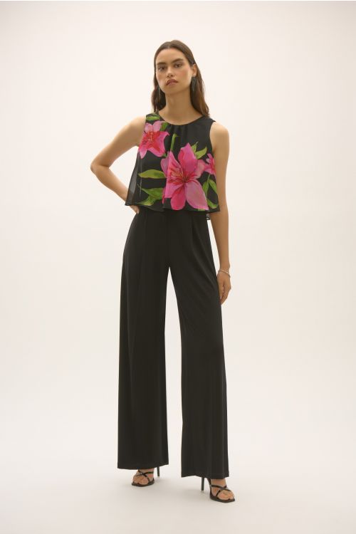 Joseph Ribkoff Black/Multi Floral Chiffon Wide Leg Jumpsuit Style 252704