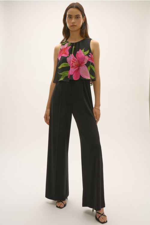 Joseph Ribkoff Black/Multi Floral Chiffon Wide Leg Jumpsuit Style 252704