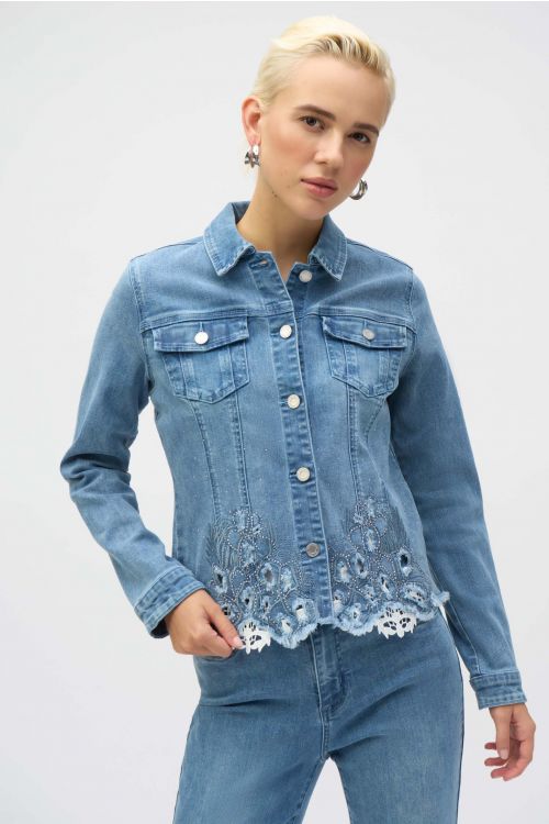 Joseph Ribkoff Denim Medium Blue Stretch Denim Jacket With Embroidery Style 252911.