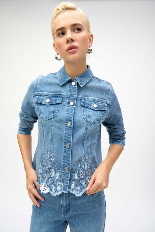 Joseph Ribkoff Denim Medium Blue Stretch Denim Jacket With Embroidery Style 252911.