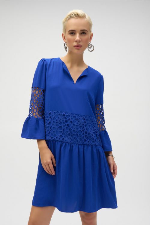 Joseph Ribkoff Royal Sapphire Gauze and Guipure Lace A-Line Dress Style 252922