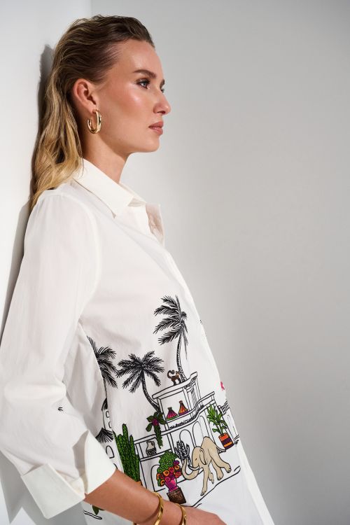 Joseph Ribkoff White/Multi Conversational Print Blouse Style 252930