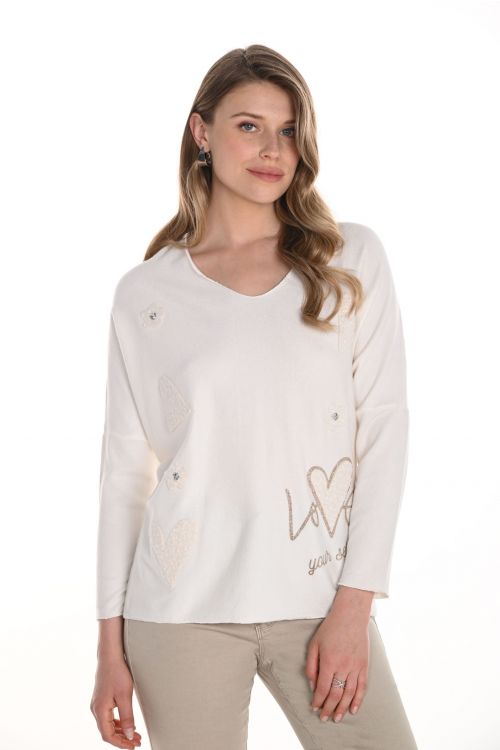 Frank Lyman Off-White V-neck Jewel Embellished Pullover Style 256732U