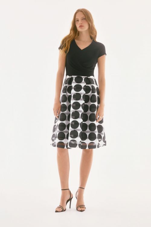 Joseph Ribkoff Black/Vanilla Silky Knit And Novelty Dot Full Skirt Dress Style 251754.