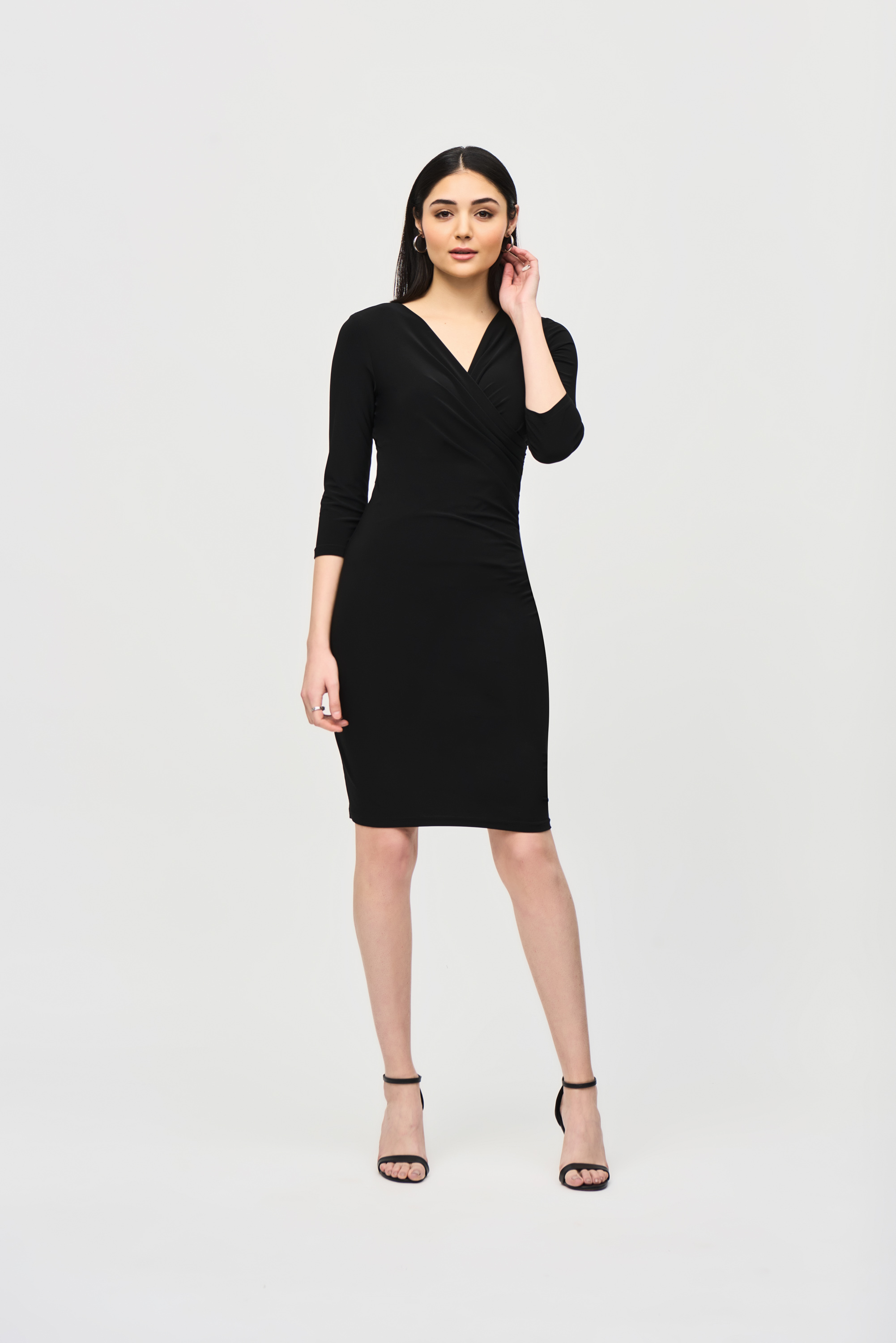 Black Three-Quarter Sleeve Wrap Dress Style 233305